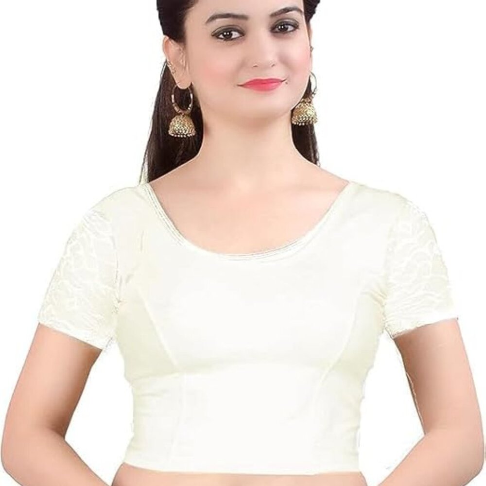 Chandrakala Cream Crop top lace short sleeve Stretchable NWT